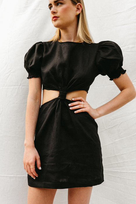 Gaia Linen Mini Dress in Black