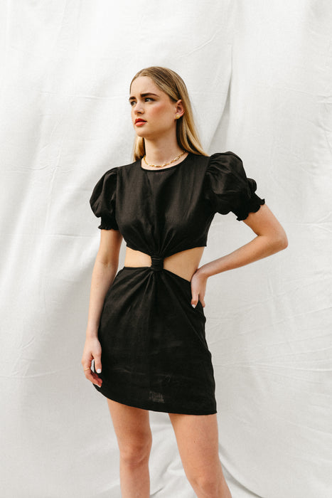 Gaia Linen Mini Dress in Black