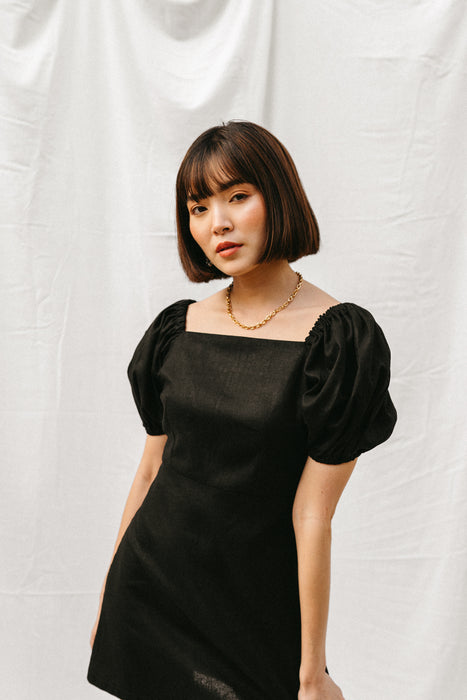Mao Linen Mini Dress in Black