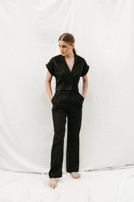 Nora Pleated Linen Pants in Black