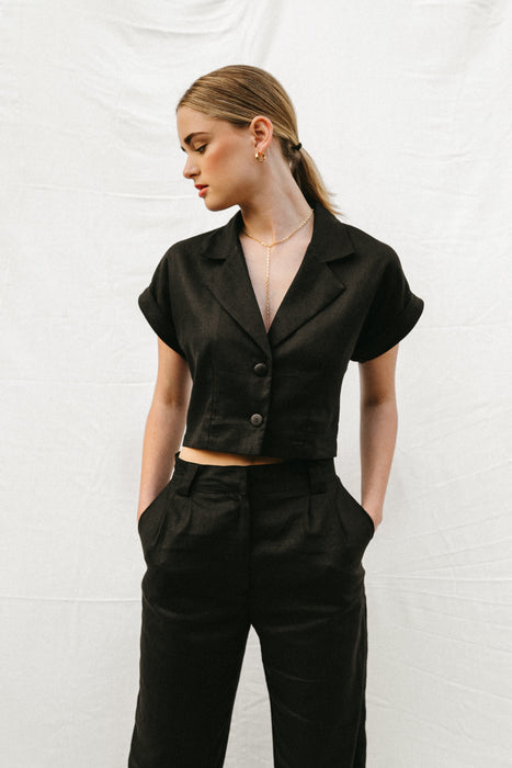 Nora Pleated Linen Pants in Black